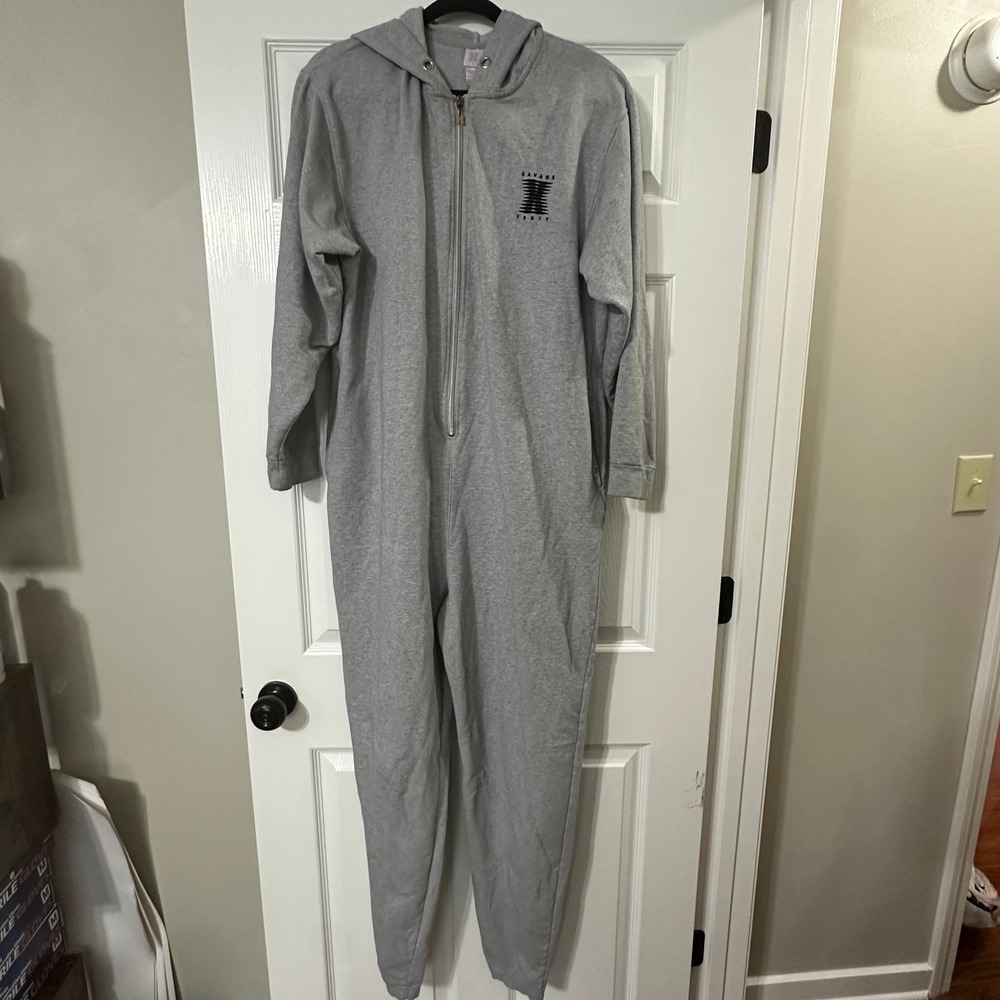 Savage X Fenty Hooded Onesie Heather Grey Full Zip Jumpsuit Large L Loungewear